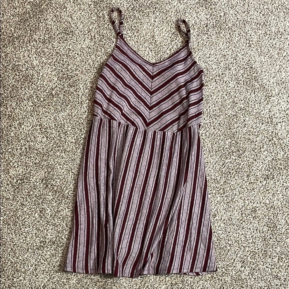 Striped Sleeveless Dress - Burgundy and Gray